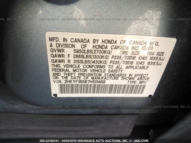 2HKYF18567H511488 - 2007 HONDA PILOT EXL BLUE photo 9