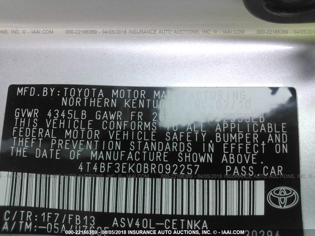 4T4BF3EK0BR092257 - 2011 TOYOTA CAMRY SE/LE/XLE SILVER photo 9