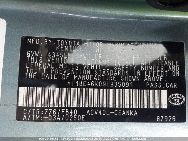 4T1BE46K09U835091 - 2009 TOYOTA CAMRY SE/LE/XLE GREEN photo 9