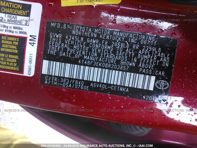 4T4BF3EK0BR203857 - 2011 TOYOTA CAMRY SE/LE/XLE RED photo 9