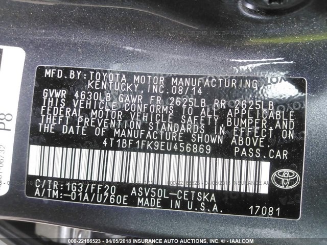 4T1BF1FK9EU456869 - 2014 TOYOTA CAMRY L/SE/LE/XLE 灰色 照片 9