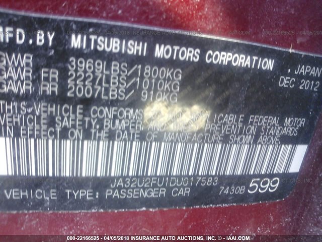 JA32U2FU1DU017583 - 2013 MITSUBISHI LANCER ES/ES SPORT RED photo 9