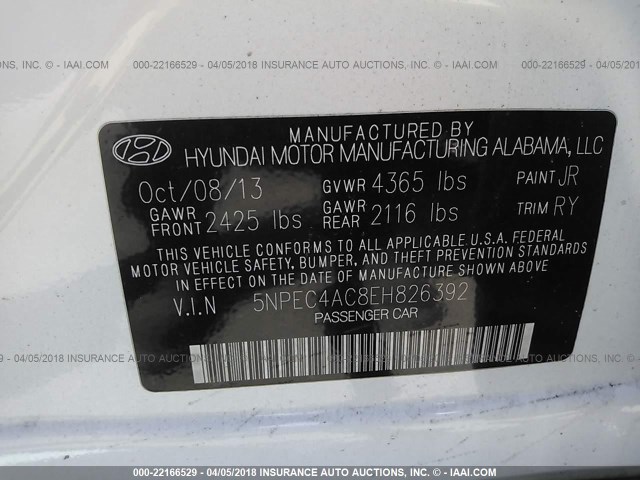 5NPEC4AC8EH826392 - 2014 HYUNDAI SONATA SE/LIMITED WHITE photo 9