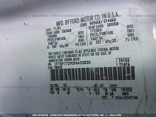 1FTRF17292NA52820 - 2002 FORD F150 WHITE photo 9