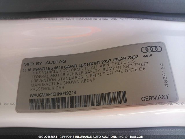 WAUGMAF40HN049214 - 2017 AUDI A4 ULTRA PREMIUM WHITE photo 9