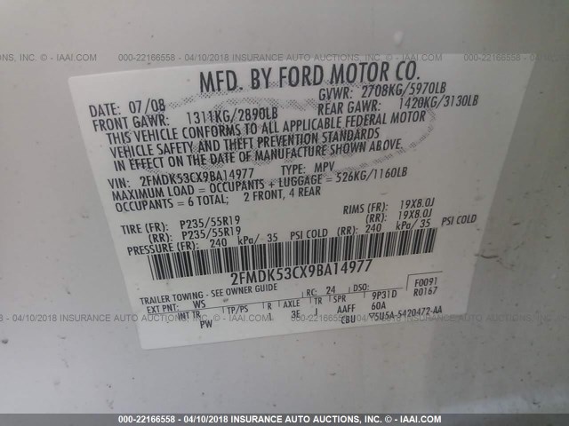 2FMDK53CX9BA14977 - 2009 FORD FLEX LIMITED WHITE photo 9