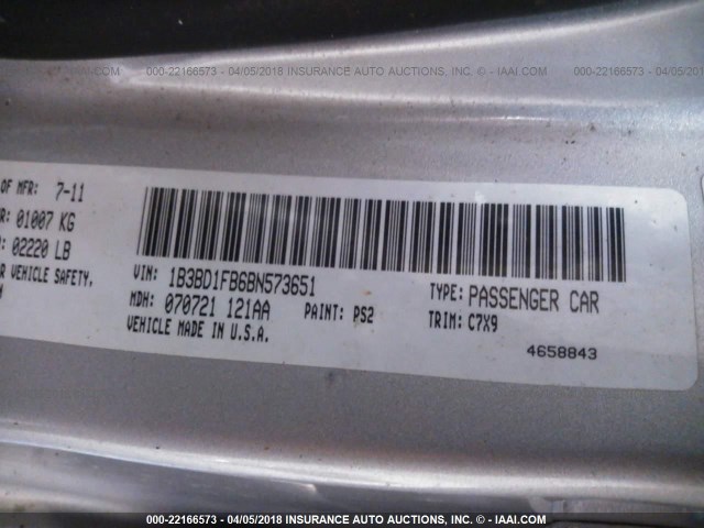 1B3BD1FB6BN573651 - 2011 DODGE AVENGER MAINSTREET SILVER photo 9