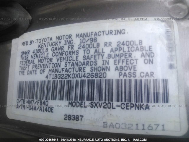 4T1BG22K0XU426820 - 1999 TOYOTA CAMRY CE/LE/XLE 棕色 照片 9