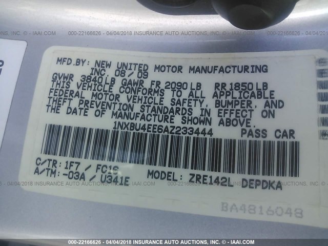 1NXBU4EE6AZ233444 - 2010 TOYOTA COROLLA S/LE/XLE SILVER photo 9