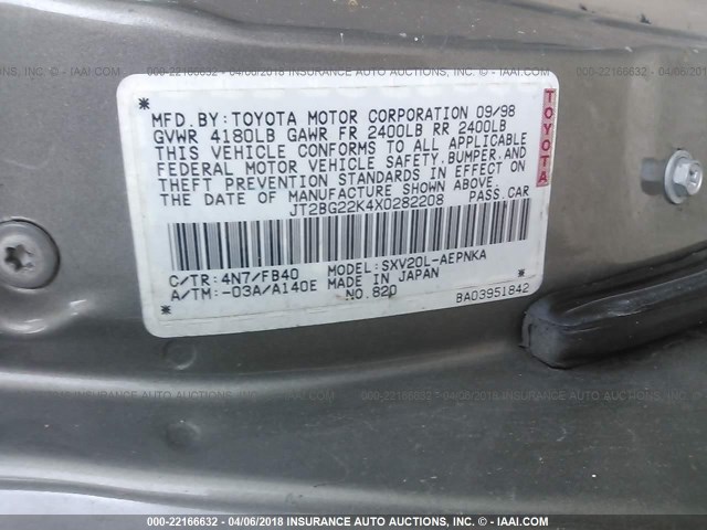 JT2BG22K4X0282208 - 1999 TOYOTA CAMRY LE/XLE TAN photo 9