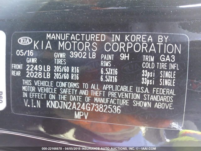 KNDJN2A24G7382536 - 2016 KIA SOUL BLACK photo 9