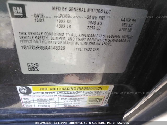 1G1ZC5E05A4148328 - 2010 CHEVROLET MALIBU 1LT 黑色 照片 9