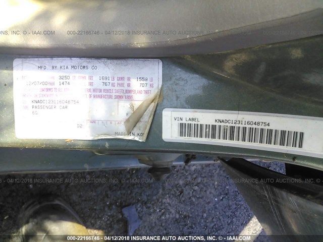 KNADC123116048754 - 2001 KIA RIO GREEN photo 9