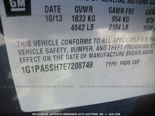 1G1PA5SH7E7208749 - 2014 CHEVROLET CRUZE LS BLUE photo 9