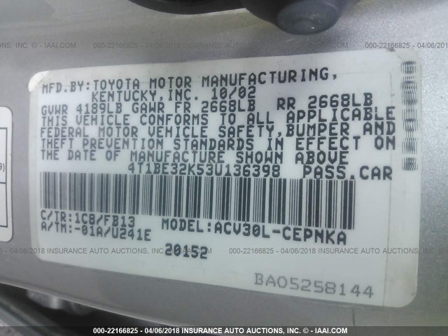 4T1BE32K53U136398 - 2003 TOYOTA CAMRY LE/XLE/SE ვერცხლისფერი ფოტო 9