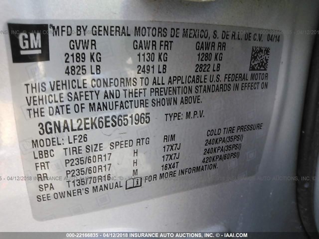 3GNAL2EK6ES651965 - 2014 CHEVROLET CAPTIVA LS 银色 照片 9