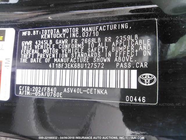 4T1BF3EK6BU127572 - 2011 TOYOTA CAMRY SE/LE/XLE BLACK photo 9