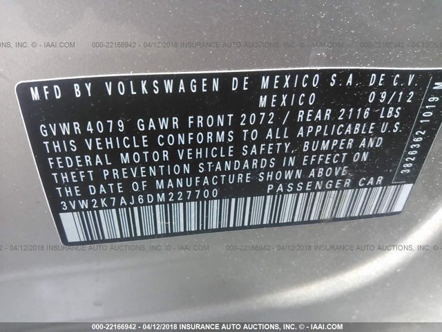 3VW2K7AJ6DM227700 - 2013 VOLKSWAGEN JETTA S 金色 照片 9