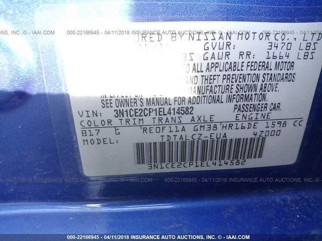 3N1CE2CP1EL414582 - 2014 NISSAN VERSA NOTE S/S PLUS/SV/SL BLUE photo 9