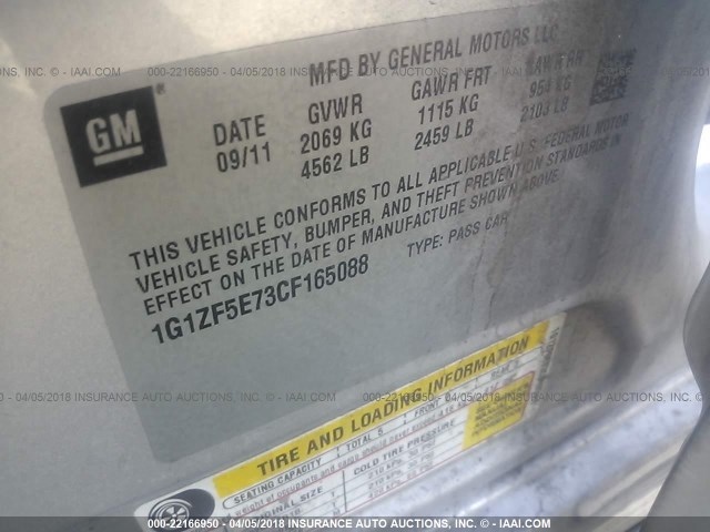 1G1ZF5E73CF165088 - 2012 CHEVROLET MALIBU 3LT ვერცხლისფერი ფოტო 9