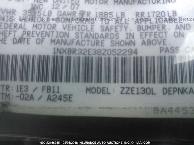 1NXBR32E38Z052294 - 2008 TOYOTA COROLLA CE/LE/S GRAY photo 9