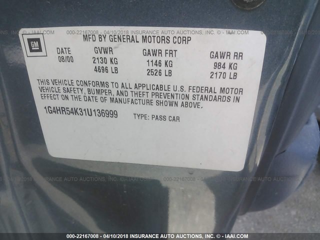 1G4HR54K31U136999 - 2001 BUICK LESABRE LIMITED Navy photo 9