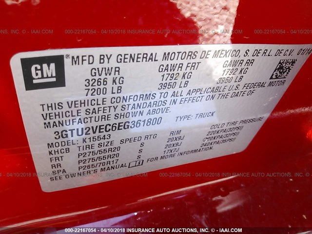 3GTU2VEC6EG361800 - 2014 GMC SIERRA K1500 SLT RED photo 9