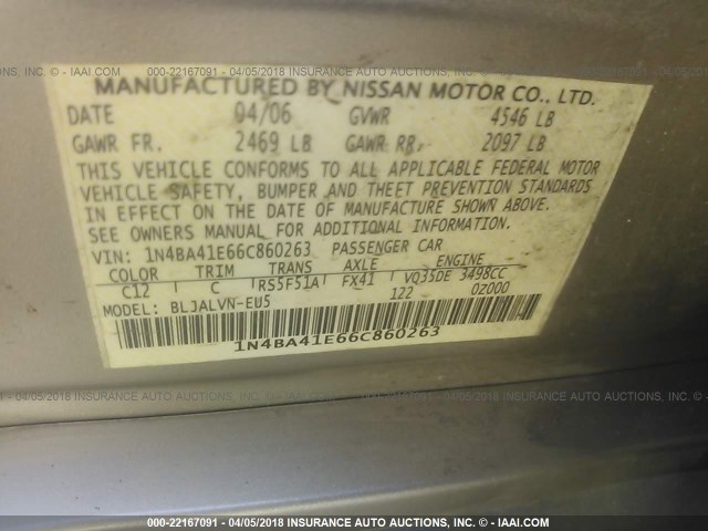 1N4BA41E66C860263 - 2006 NISSAN MAXIMA SE/SL GOLD photo 9