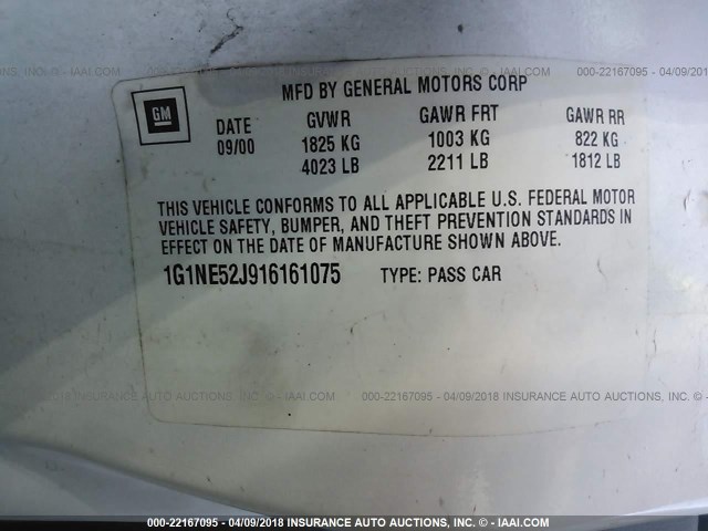 1G1NE52J916161075 - 2001 CHEVROLET MALIBU LS WHITE photo 9