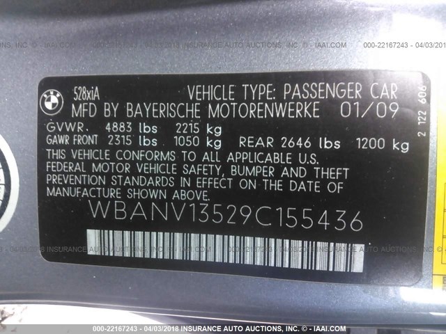 WBANV13529C155436 - 2009 BMW 528 XI GRAY photo 9