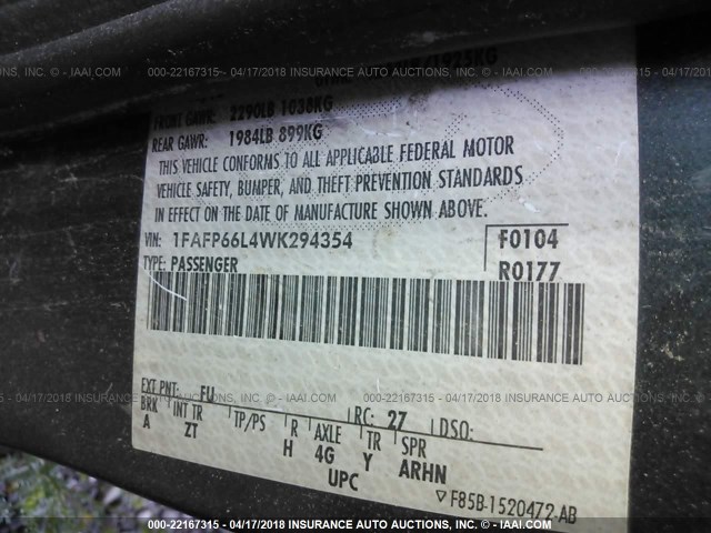 1FAFP66L4WK294354 - 1998 FORD CONTOUR LX/SPORT/SE GRAY photo 9