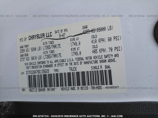 3D7KS28A78G135629 - 2008 DODGE RAM 2500 ST/SLT 白色 照片 9