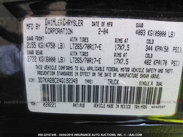 3D7KA28C24G192349 - 2004 DODGE RAM 2500 ST/SLT 黑色 照片 9