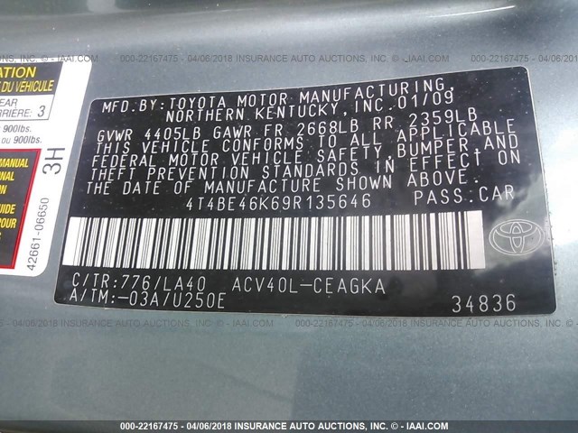 4T4BE46K69R135646 - 2009 TOYOTA CAMRY SE/LE/XLE 绿色 照片 9