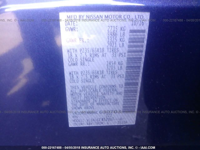 5N1DR2MN6HC630703 - 2017 NISSAN PATHFINDER S/SV/SL/PLATINUM 蓝色 照片 9