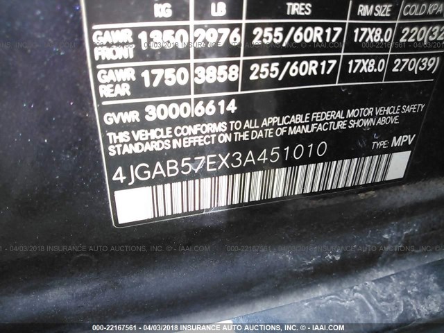 4JGAB57EX3A451010 - 2003 MERCEDES-BENZ ML 350 BLACK photo 9