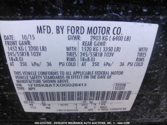 1FM5K8ATXGGB28413 - 2016 FORD EXPLORER POLICE INTERCEPTOR BLACK photo 9