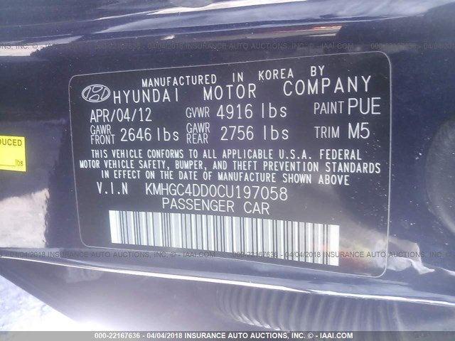 KMHGC4DD0CU197058 - 2012 HYUNDAI GENESIS 3.8L BLUE photo 9