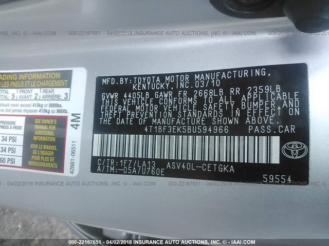 4T1BF3EK5BU594966 - 2011 TOYOTA CAMRY SE/LE/XLE Серебристый фото 9