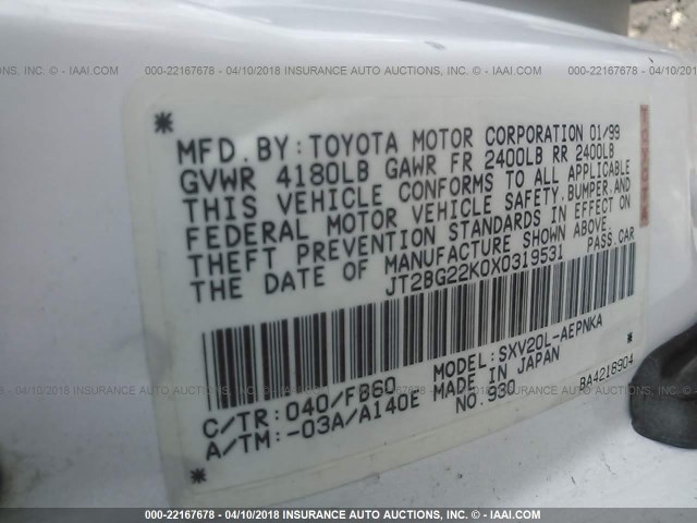 JT2BG22K0X0319531 - 1999 TOYOTA CAMRY LE/XLE WHITE photo 9