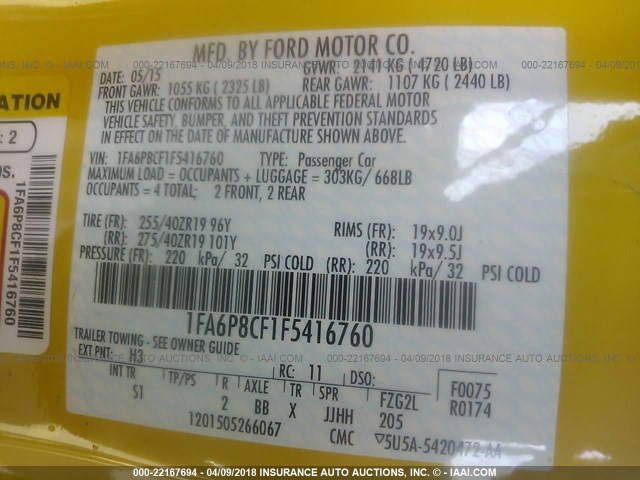 1FA6P8CF1F5416760 - 2015 FORD MUSTANG GT YELLOW photo 9