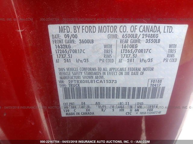 2FTRX08L81CA15373 - 2001 FORD F150 RED photo 9