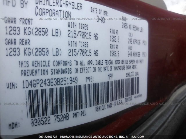 1D4GP24363B251949 - 2003 DODGE GRAND CARAVAN SE RED photo 9