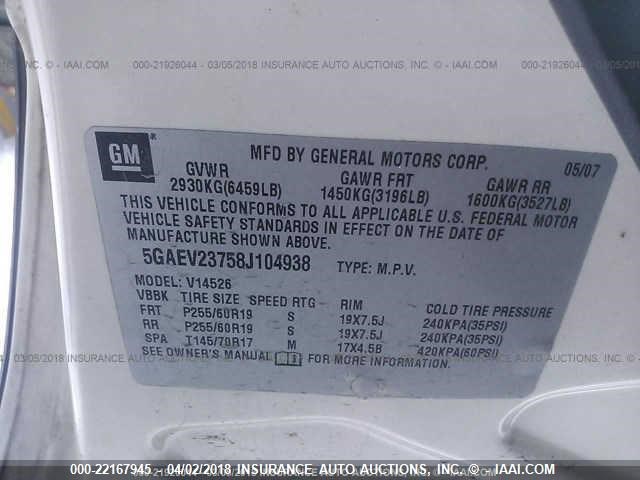 5GAEV23758J104938 - 2008 BUICK ENCLAVE CXL Blanc photo 9