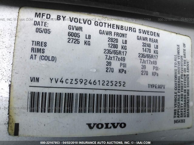 YV4CZ592461225252 - 2006 VOLVO XC90 SILVER photo 9