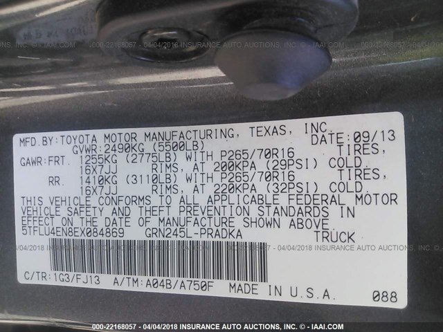 5TFLU4EN8EX084869 - 2014 TOYOTA TACOMA DOUBLE CAB ნაცრისფერი ფოტო 9