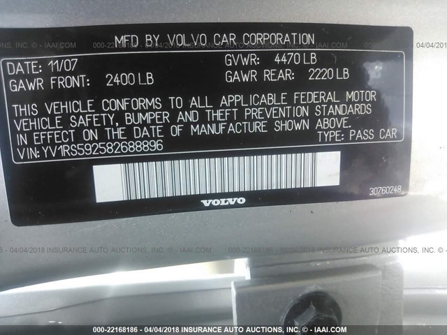 YV1RS592582688896 - 2008 VOLVO S60 2.5T SILVER photo 9