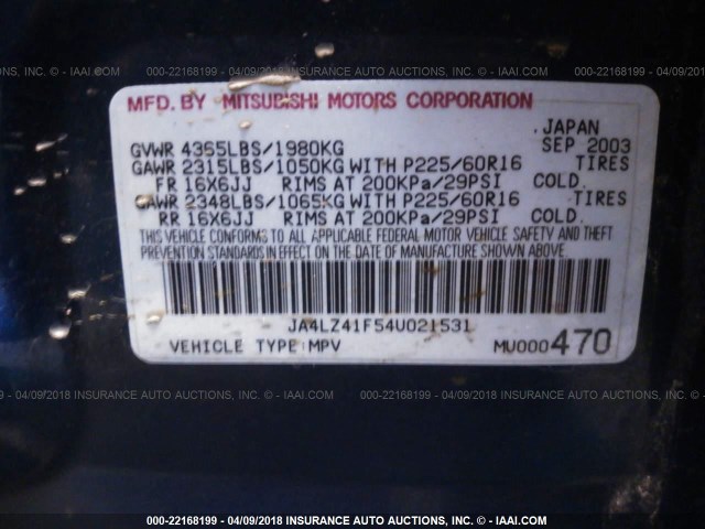 JA4LZ41F54U021531 - 2004 MITSUBISHI OUTLANDER XLS BLUE photo 9