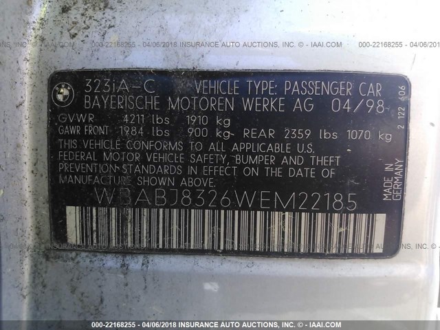 WBABJ8326WEM22185 - 1998 BMW 323 IC AUTOMATIC SILVER photo 9