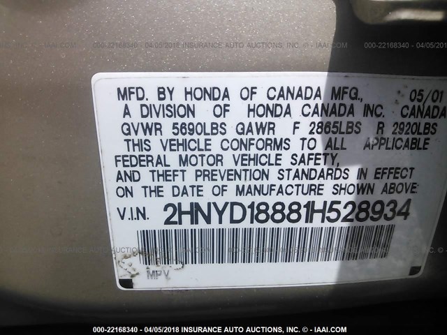 2HNYD18881H528934 - 2001 ACURA MDX TOURING GOLD photo 9